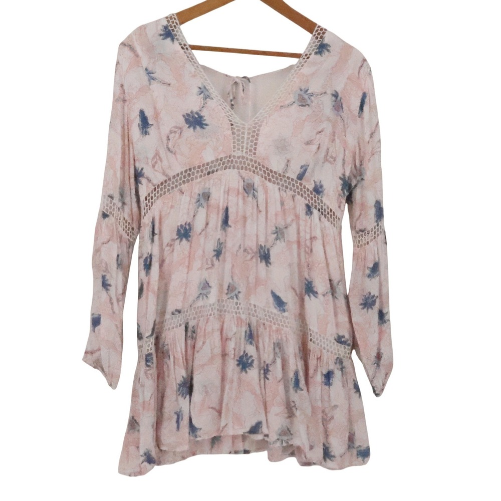 Bohome‎ Collection Floral Crochet Lace Mini Dress Womens Size M Pink Blue Boho